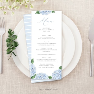 Plantilla de menú editable con flores de hortensia azul de 4x9 (alta), personalizable, con flores de acuarela azules, descarga instantánea (Corjl 428)