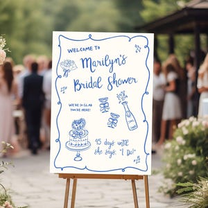 Welkomstbord vrijgezellenfeest | Handgetekende cake en champagnekrabbels | Grillig ontwerp met krabbellijst in 3 maten | Bewerkbare sjabloon 311