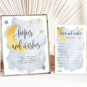 Blau über den Mond Baby Hoffnungen und Wünsche Rat Karten und Display-Zeichen, blauer Mond und Sterne Thema, Instant Download, druckbare Datei #721