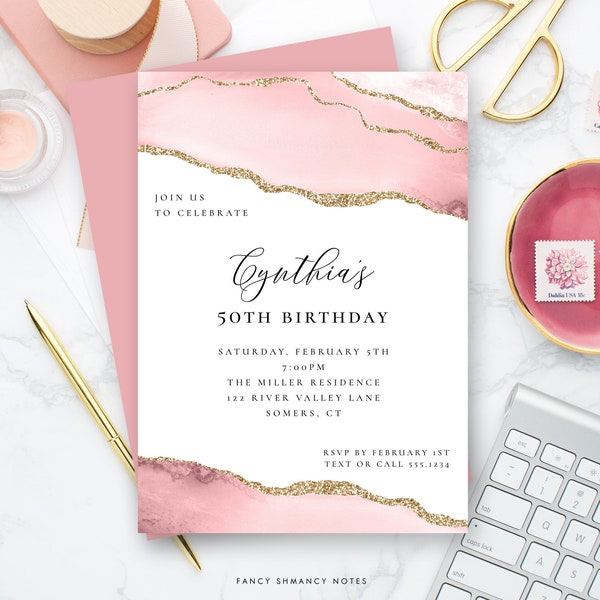 Modern Birthday Editable Invitation for Her, Blush Pink Gold Agate, Any Age, Print or Text, Instant Download, Corjl Editable Template-166