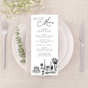 Bewerkbare menusjabloon | Handgetekende schetsontwerp voor bruiloft of elk evenement | Aanpasbare tekst en kleuren | Online bewerken, digitale download-312