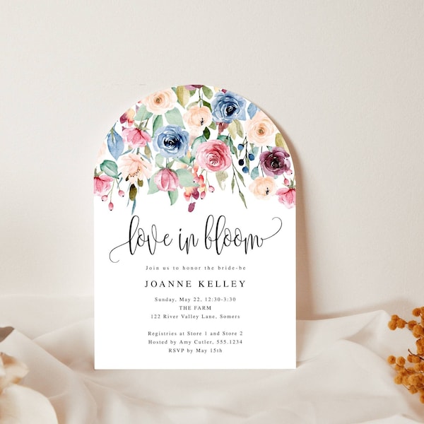 Love in Bloom Bridal Shower Editable Invitation, Mixed Color Flowers, Editable Text, Instant Download, Print or Text, CORJL Template 159
