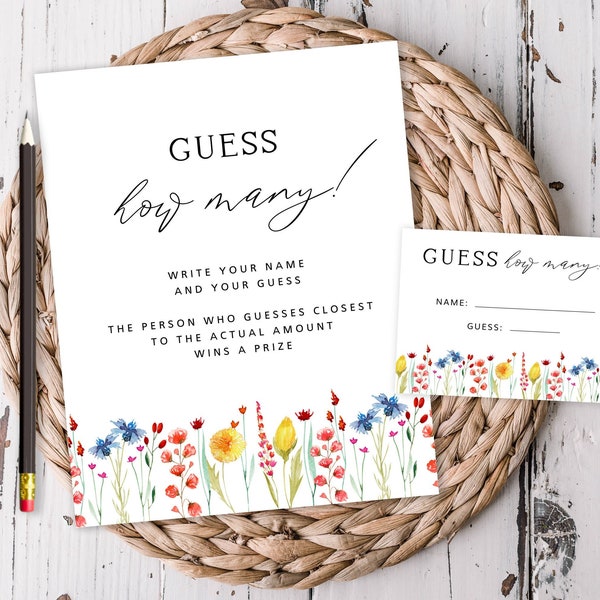 Wildflower Guess How Many Shower Game Party Activity Sign and Slips, Watercolor Flowers, Instant Digital Download, Printable File #182