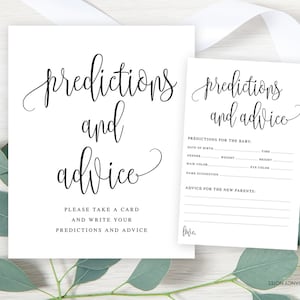 Predicciones y consejos para imprimir, juego de baby shower, predicción de baby shower con caligrafía en blanco y negro, descarga instantánea 916