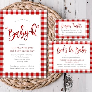 Gingham-Babyparty-Vorlagen | Bearbeitbare Red Check-Einladung, Buchanfrage & Windelraffle | Bearbeiten Sie Text / Farben online, digitaler Download-6200