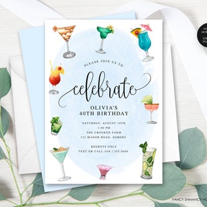 Modello di invito modificabile per cocktail party di compleanno, festeggia, stampa o file digitale di testo, download immediato di Corjl per compleanno di adulti, #183