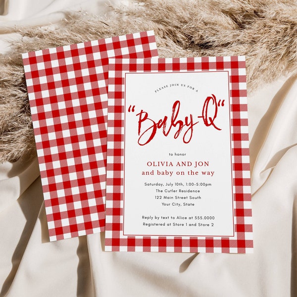 Baby Q Baby Shower Barbeque Editable Invitation, Edit Text and Colors, Gingham Check, Print or Text Instant Download, CORJL Template-6200