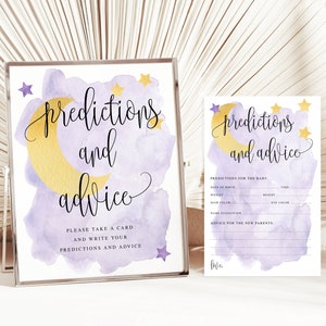 Étoiles de lune violettes et jaunes imprimables, prédictions et conseils, cartes et panneau, prédiction de jeu de baby shower, téléchargement immédiat #72