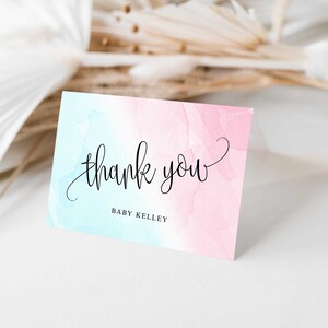 Rosa und blaues Aquarell bearbeitbares Dankeschön gefaltete Notizkartenvorlage, Personalisieren, Selbstbearbeitung, CORJL-Vorlage Sofortdownload # 1233