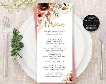 Editable Menu Template, Boho Watercolor Terracotta Flowers, Shower Wedding Special Event, Self-Edit, Instant Download, CORJL Template 203