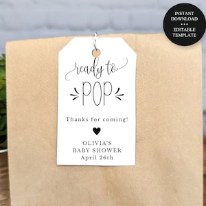 Etiqueta para colgar con forma de palomitas de maíz para baby shower, editable y lista para usar, texto y colores autoeditables, descarga instantánea, plantilla CORJL n.° 916