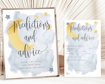 Afdrukbaar over de maan blauw, gele maansterren, voorspellingen en advieskaarten en teken baby shower spelvoorspelling, Instant Download 721