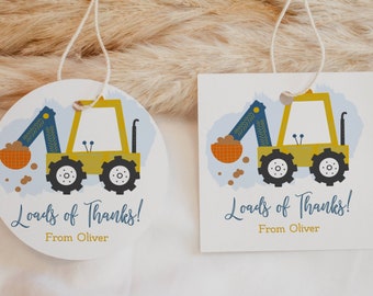 Construction Truck Editable Kids Party Favor Tags or Stickers 3 Sizes Circle or Square, Self-Edit Text Instant Download CORJL Template-063