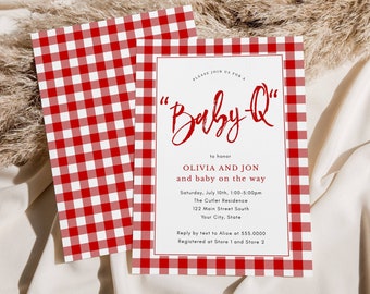 Baby Q Baby Shower Barbeque Editable Invitation, Edit Text and Colors, Gingham Check, Print or Text Instant Download, CORJL Template-6200