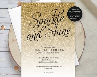 Gold Glitter Fancy Script Sparkle and Shine Editable Dance Party Invitation, 4x6", 5x7" Print/Text, Instant Download, Corjl Template #1436