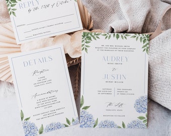 Blue Hydrangea Wedding Invitation Suite with Crest, Blue Floral Editable SET, Invite, Reply, Details, Corjl Template Instant Download 428