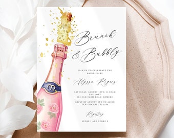 Brunch and Bubbly Pink Bottle With Flowers, Pink Floral Bridal Shower Editable Invitation Instant Download, Self-Edit CORJL Template 430