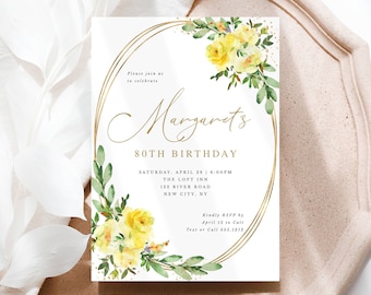 Yellow Roses Birthday Editable Invitation for Her, Gold Accents, Any Year Editable Text, Print or Text, Instant Download, Corjl Template-186