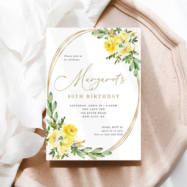 Yellow Roses Birthday Editable Invitation for Her, Gold Accents, Any Year Editable Text, Print or Text, Instant Download, Corjl Template-186