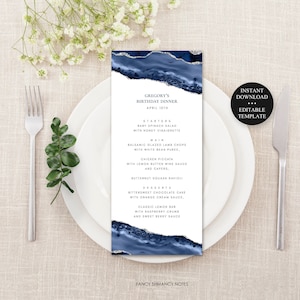 Menu de jantar editável, detalhes em prata de ágata azul, edição de texto para aniversário de chá de casamento, download instantâneo, modelo CORJL -151