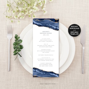 Menu du dîner modifiable, touches d'or agate bleue, texte de modification pour anniversaire de mariage, téléchargement immédiat, modèle CORJL -137
