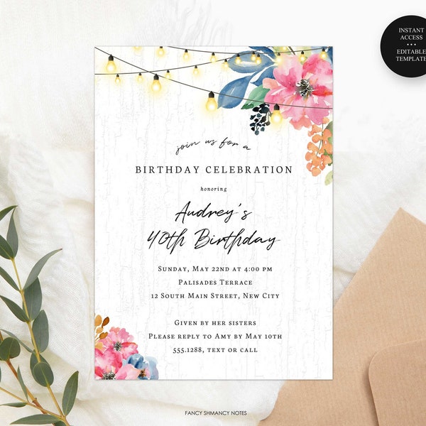 Editable Garden Party Birthday Invitation for Her, Backyard Party Flowers String Lights, Print/Text, Instant Download, Corjl Template-6275
