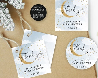 Over The Moon Blue Editable Baby Shower Favor Tags Circle Square Gold Glitter Moon and Stars, Edit Text, Instant Download CORJL Template 703