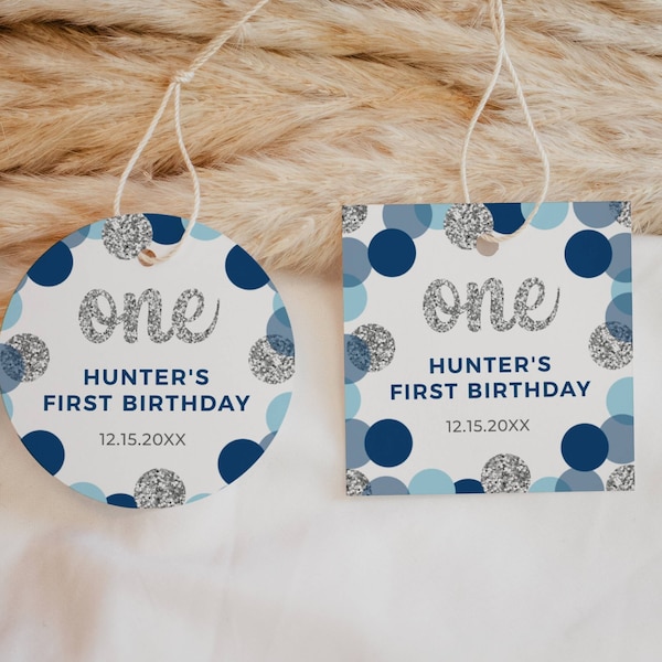 Blue Silver Polkadots Editable Party Favor Tags or Stickers 3 Sizes Circle or Square, Self-Edit Text Instant Download CORJL Template-1198