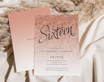 Rose Gold Glitter 16th Editable Birthday Invitation, Fancy Script Sixteen Teen Girl, Print or Text, Instant Download, Corjl Template 1435