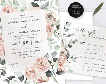 Dusty Rose Editable Wedding Invitation and Reply Template SET, Optional RSVP Postcard Back, Blush Pink Roses, Self-Edit Corjl Template 118