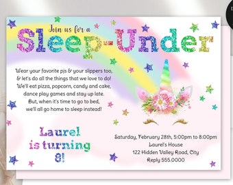 Sleep-Under Editable Birthday Party Invitation, Rainbow Unicorn, Girls Child Kids, Print or Text, Instant Download, Corjl Template 214