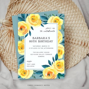 Yellow Floral Roses Editable Invitation For Her, Edit Yourself-Text and Background Color, Print or Text, Instant Download Corjl Template 319