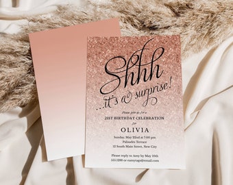 Rose Gold Glitter Editable Surprise Party Invitation, Fancy Script Shhh, It's a Surprise, Print or Text Instant Download Corjl Template 1435