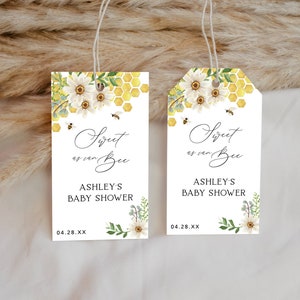 Étiquettes de faveur suspendues modifiables comme une abeille, nid d'abeille et fleurs de marguerite, 2 formes, texte auto-éditable, téléchargement immédiat, modèle CORJL #126