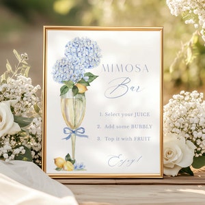 Panneau de bar bleu hortensia et citrons mimosa, panneau de douche nuptiale en verre à champagne doré, bleu et jaune, téléchargement immédiat, fichier imprimable 433
