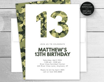 Green Camo Birthday Invitation, 4x6, 5x7" Edit Yourself-ANY AGE, Teen Boy Invite, Print/Text-Instant Download-Corjl Editable Template #080g