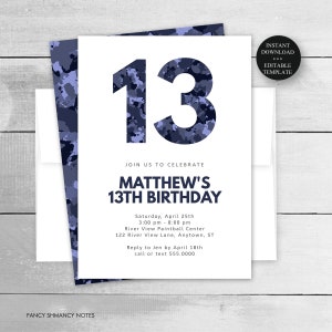 Blue Camo Editable Birthday Invitation, ANY AGE Blue Camouflage Teen Boy, Print or Text, Instant Download Corjl Editable Template, #080b