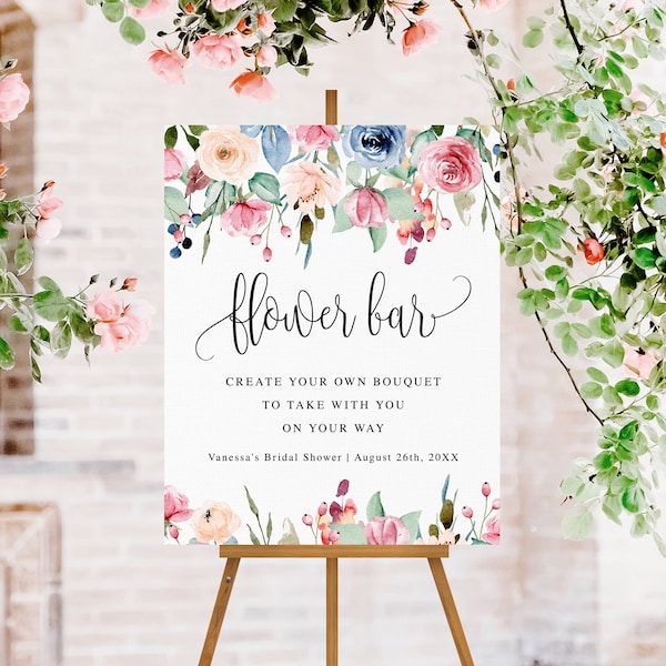 Editable Flower Bar Sign, Watercolor Meadow Border, Shower, Wedding, Party, 3 sizes, Instant Download, #159