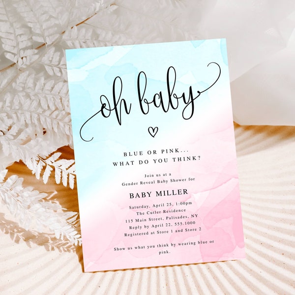 Gender Reveal Baby Shower Editable Invitation, Oh Baby Calligraphy Script Blue & Pink, Instant Download, Print or Text, CORJL Template #1233