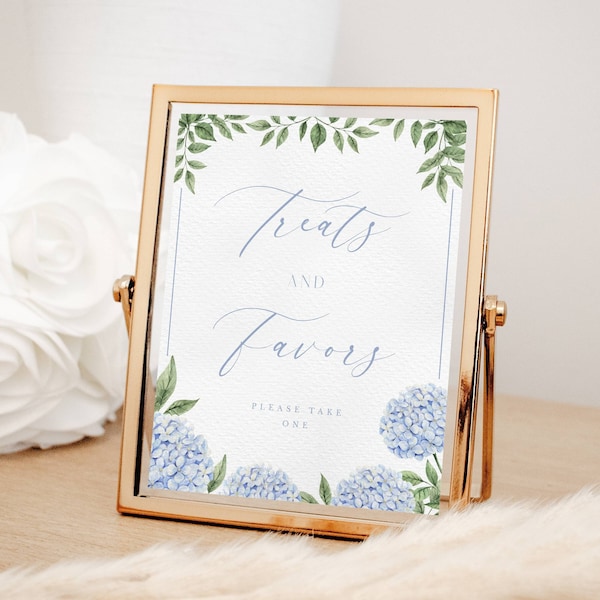 Blue Hydrangea Treats and Favors Fancy Script Shower Party Signs, Dusty Blue Hydrangea Blooms Instant Download, Printable File 428