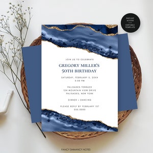 Blue Agate Birthday Editable Invitation, Adult Invite, Self Edit Any Age, Blue Gold Agate, Print/Text, Instant Download, Corjl Template 137