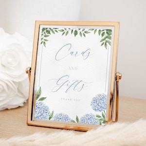 Tarjetas y obsequios de hortensias azules Letreros elegantes para fiesta de bienvenida al bebé, flores de hortensias azules polvorientas Descarga instantánea, Archivo imprimible 428
