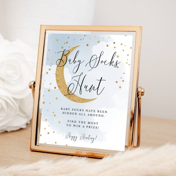 Blue Over the Moon Baby Shower Hunt Game Editable Sign, Gold Glitter Moon and Stars, Instant Download CORJL Editable Template 703