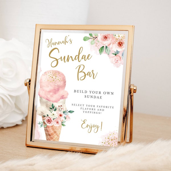 Sundae Bar Editable Template, Pink Flowers and Ice Cream Cone, Bridal Shower, Birthday Pary, Instant Download, Corjl Editable Template 418