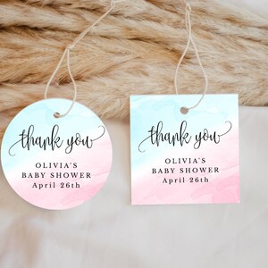 Etiquetas ou adesivos editáveis para chá de bebê em aquarela rosa e azul, círculo ou quadrado de 3 tamanhos, autoedição, download instantâneo do modelo CORJL # 1233