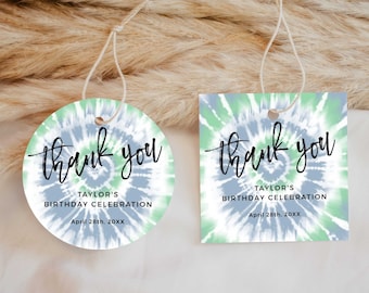 Blue Green Tie Dye Editable Party Favor Tags or Stickers 3 Sizes Circle or Square, Self-Edit Text Instant Download CORJL Template-253