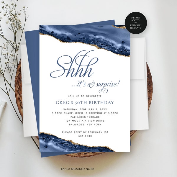 Surprise Party Editable Invitation for Him or Her, Blue Agate Gold Accents, Self-Edit, Print or Text Instant Download Corjl Template #137