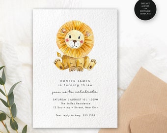 Lion Kids Birthday Invitation, Self-EditAny Age, Cute Lion, Children's Birthday, Print/Text, Instant Download, Corjl Editable Template-810