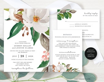Magnolia flores invitación de boda SET tarjetas de respuesta y detalles, suite de boda imprimible floral pintada, plantilla editable Corjl-105