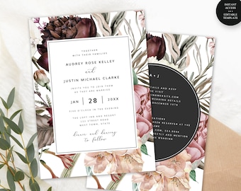 Editable Floral All in One Wedding Invitation Template, Framed Text, Maroon Pink Flowers, Edit Yourself Corjl Editable Template 181